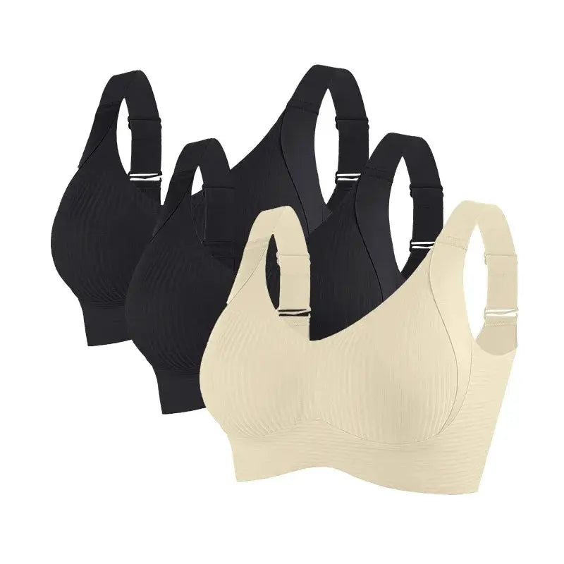 3Pcs Set women's push-up ribbed seamless bras in black and beige, non-wire