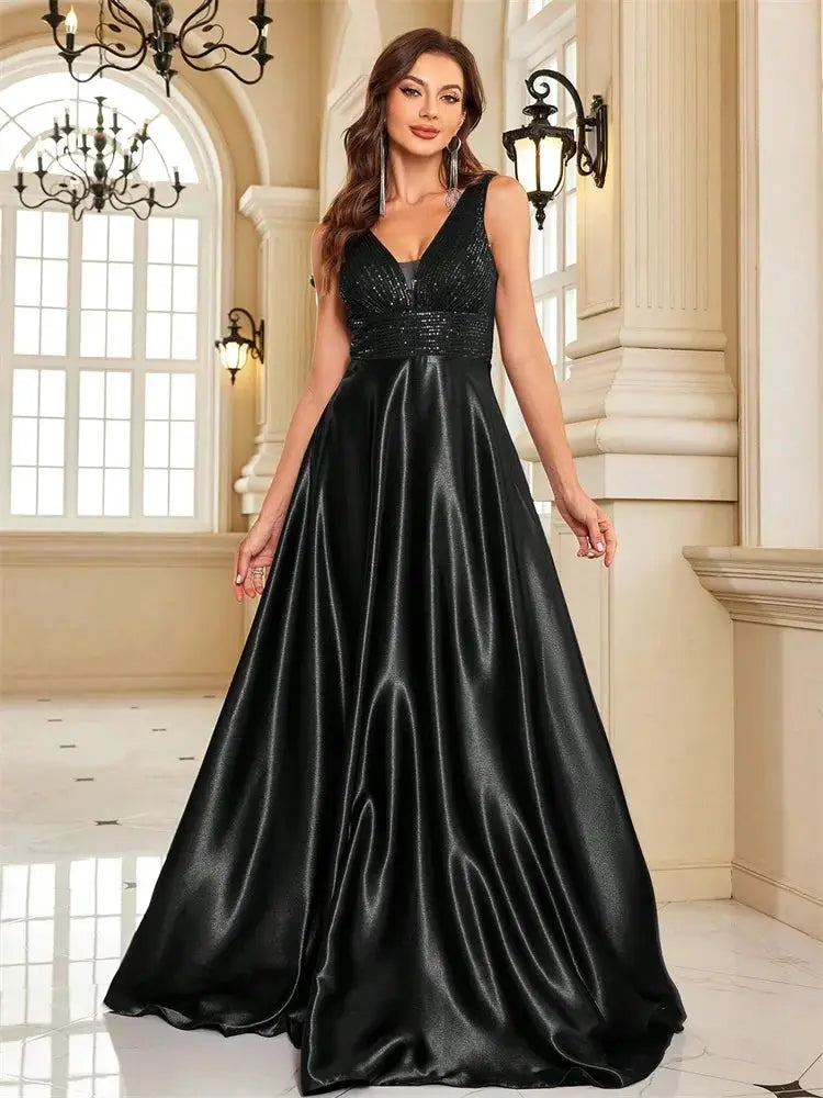 Emerald Green Sequin Evening Dress V Neck Satin Prom Floor Length