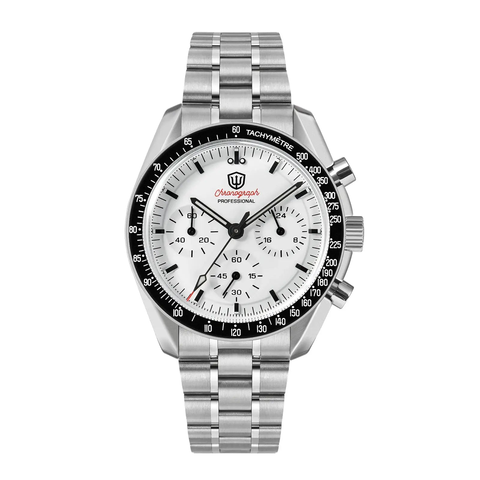 Simples Market stainless steel chronograph watch with white dial, black tachymeter bezel