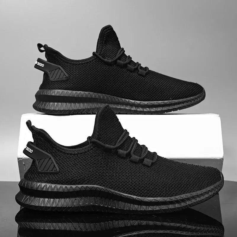Men's black knit sneakers with non-slip sole, breathable lace-up running shoes (2 pairs)