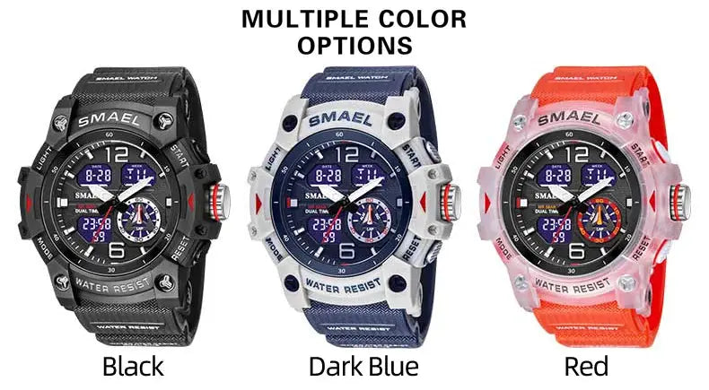 SMAEL sport watches for men; black, dark blue, and red military digital back-light wristwatches (3) by Simples Market.