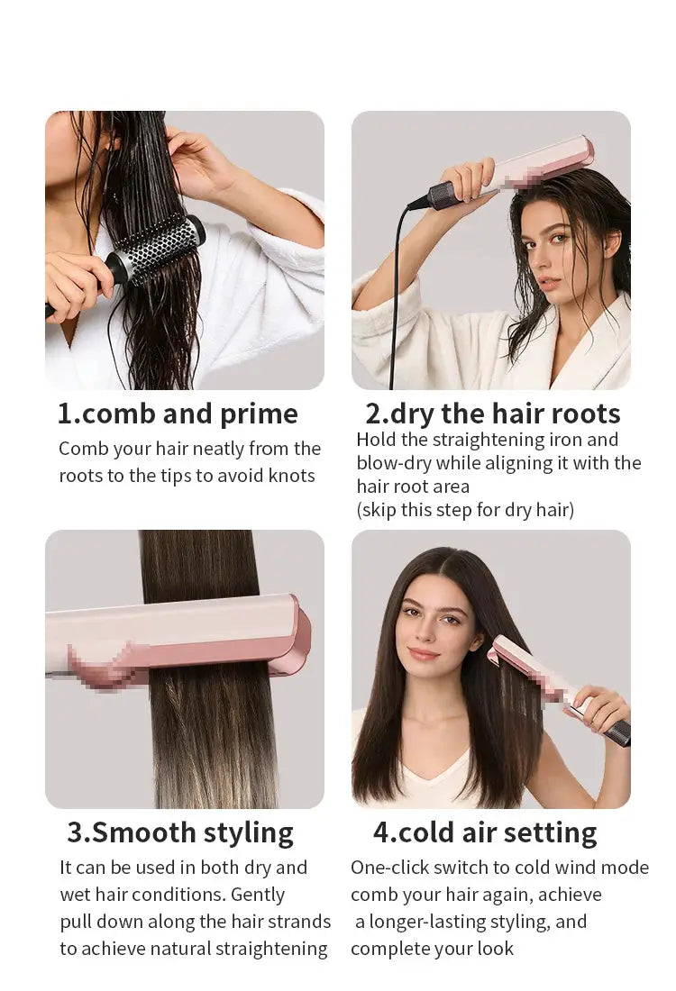 Hair straightener HT01 by Simples Market, pink clamp-style iron with negative ion technology for dry or wet hair