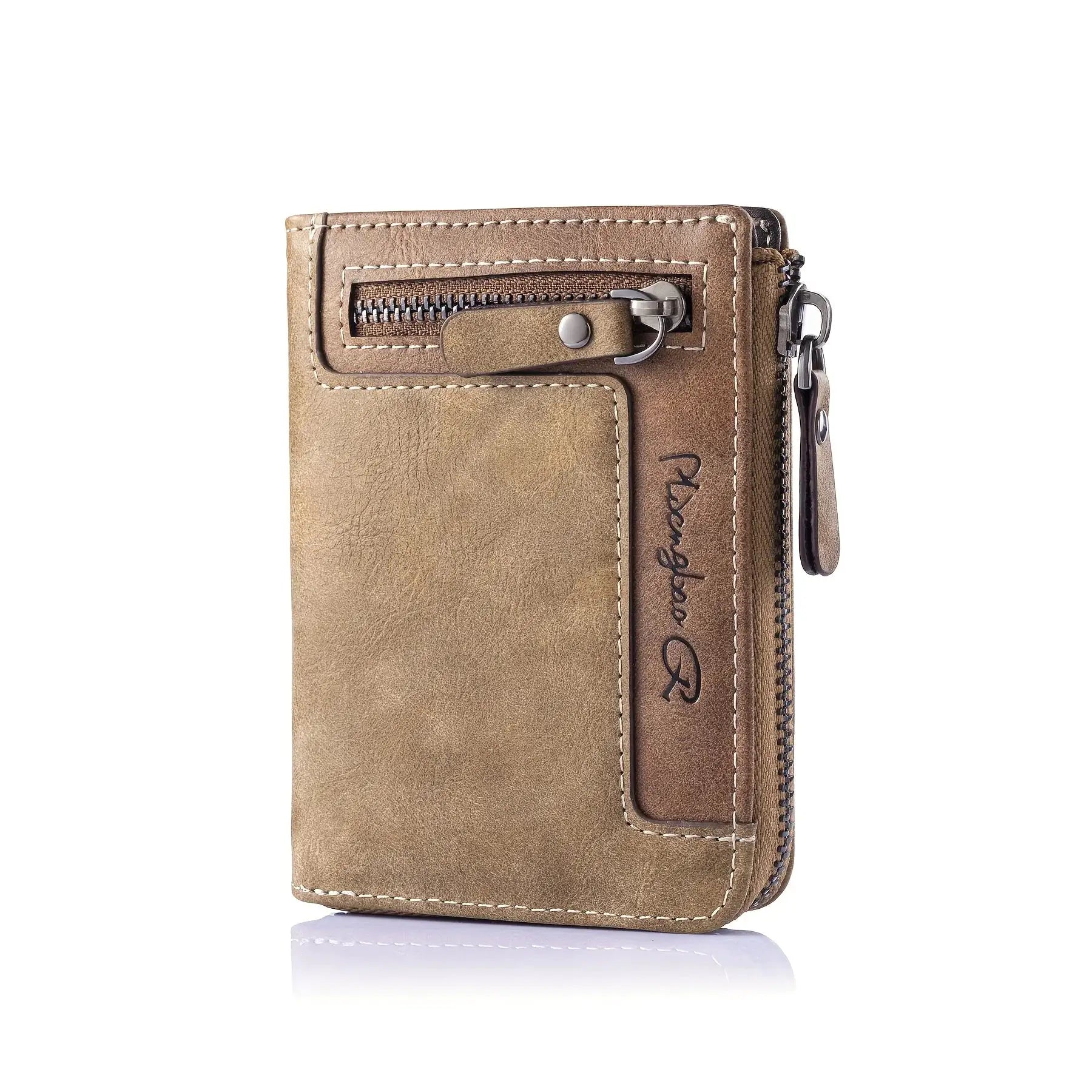 Men's brown PU leather short wallet with front zip pocket and stitched details, Simples Market