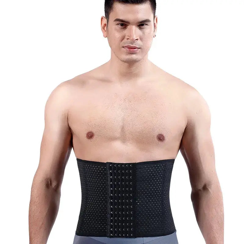 Men's black waist trainer belt by Simples Market with double-row hook closures