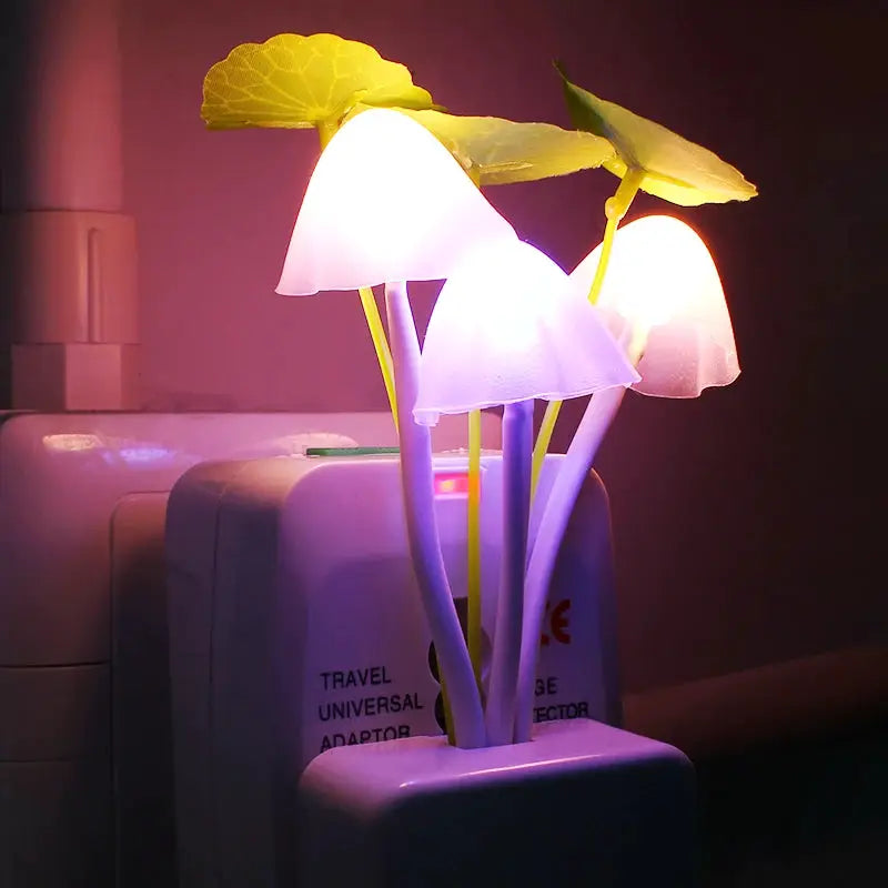European plug sensor LED mushroom night light set by Simples Market with purple glow