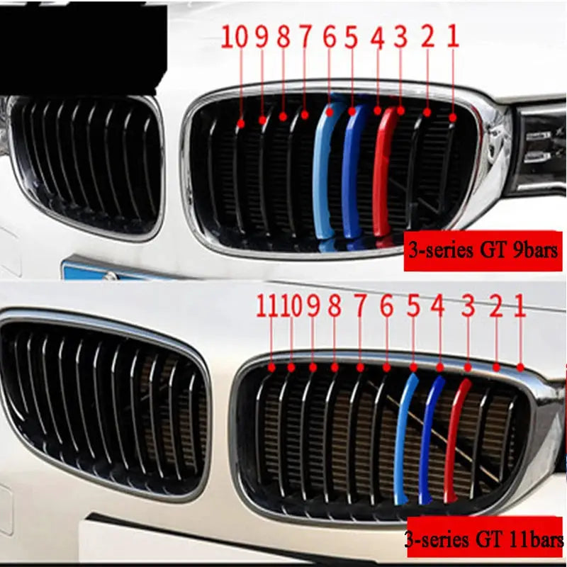 3-piece BMW front grille trim strips in blue and red for multiple BMW models