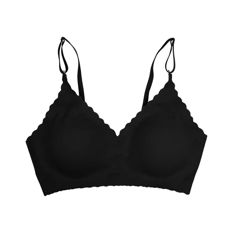 Bra wire-free padded black with scalloped edge and adjustable straps