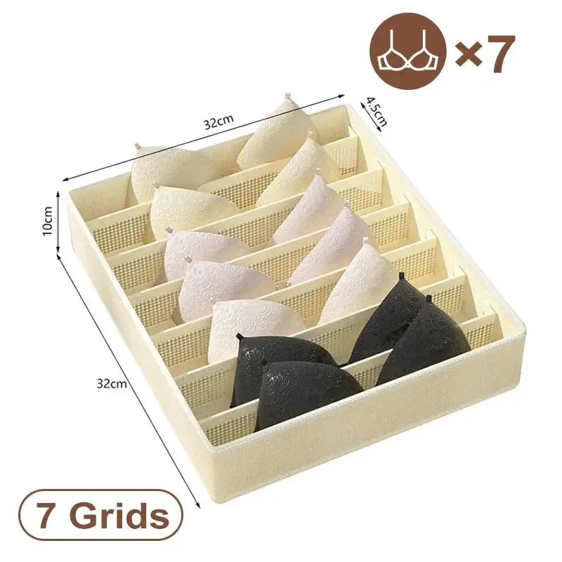 Beige 7-grid sports bra and underwear organizer tray for wardrobe drawers