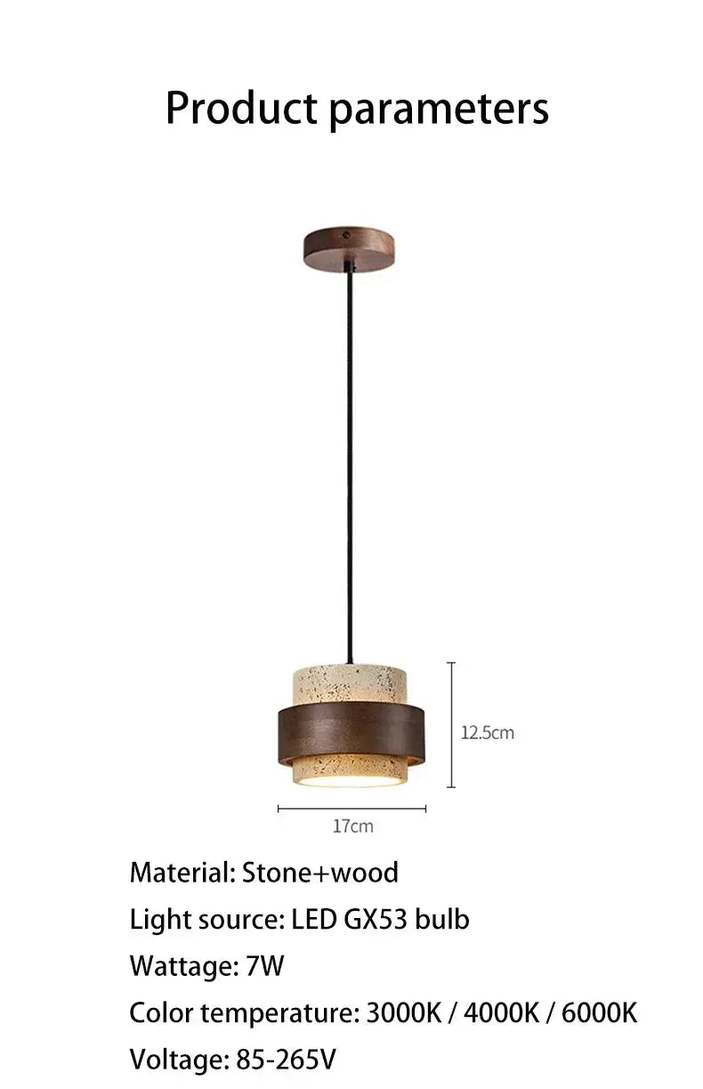 Led pendant lamp stone and wood in walnut color, 17cm wide by 12.5cm high, LED GX53 bulb, 7W, 85–265V