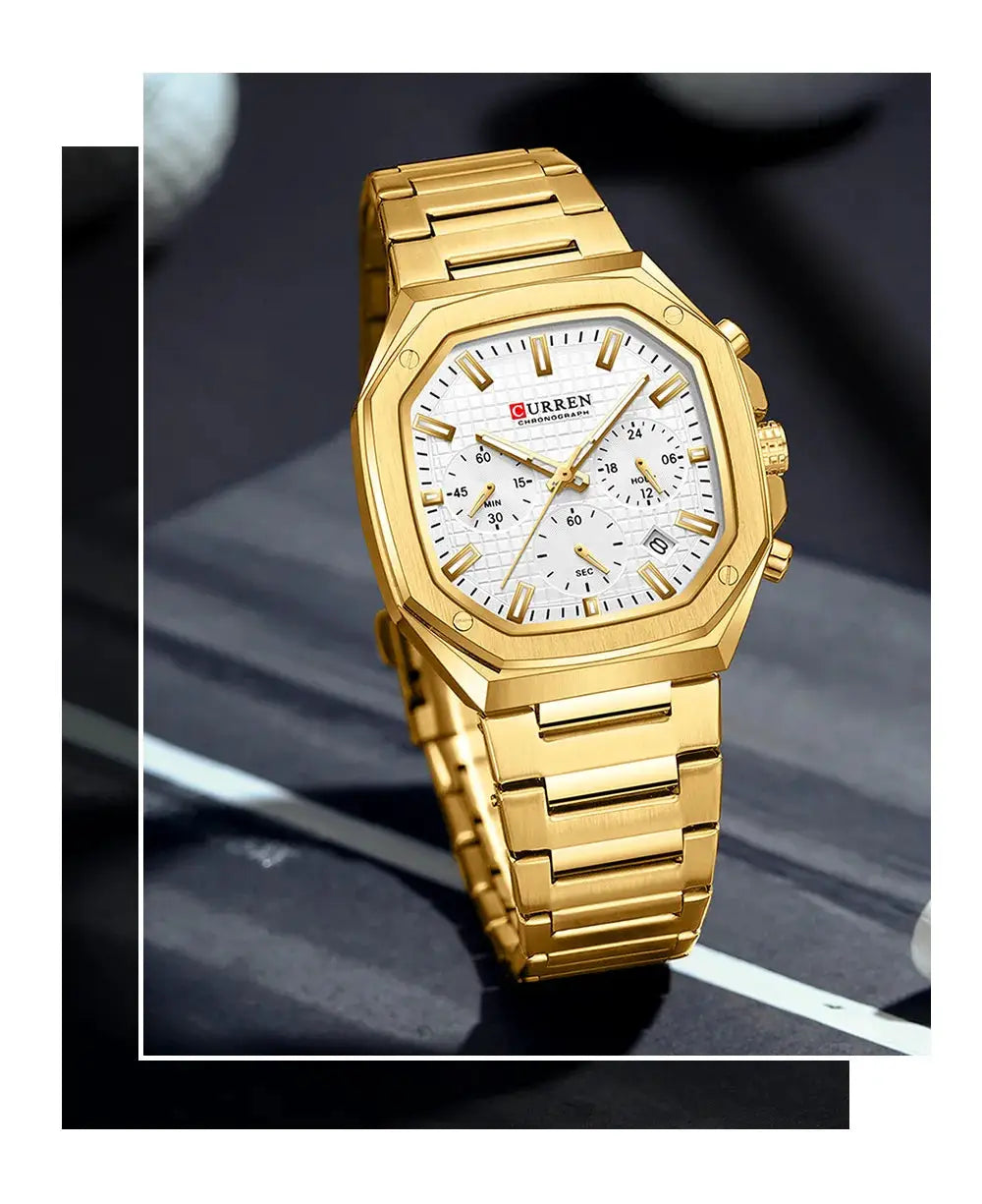 Curren men's gold-tone stainless steel square chronograph wristwatch with white dial and date