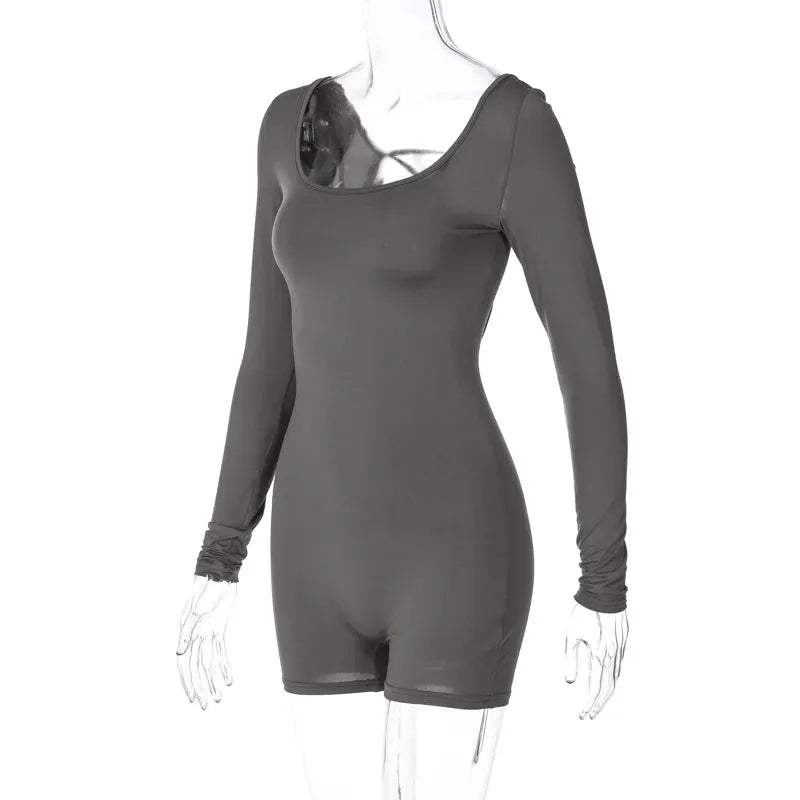 Hugcitar long-sleeve gray solid playsuit romper with scoop neckline