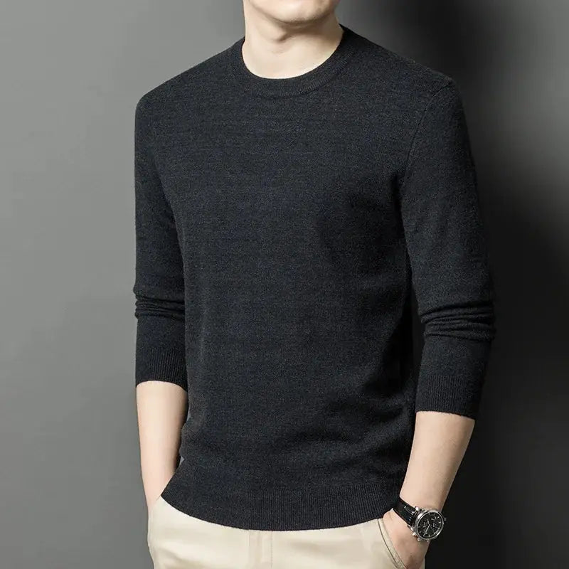 Men's dark charcoal knitted sweater with round neck and long sleeves