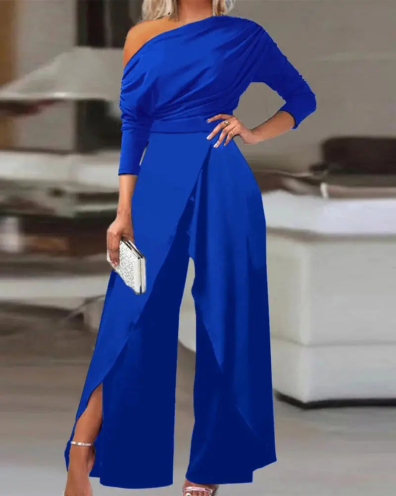 Women's blue one-shoulder jumpsuit with ruched bodice and wide-leg split hem by Simples Market