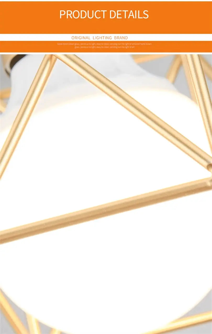 Modern LED pendant light with gold iron metal cage frame.