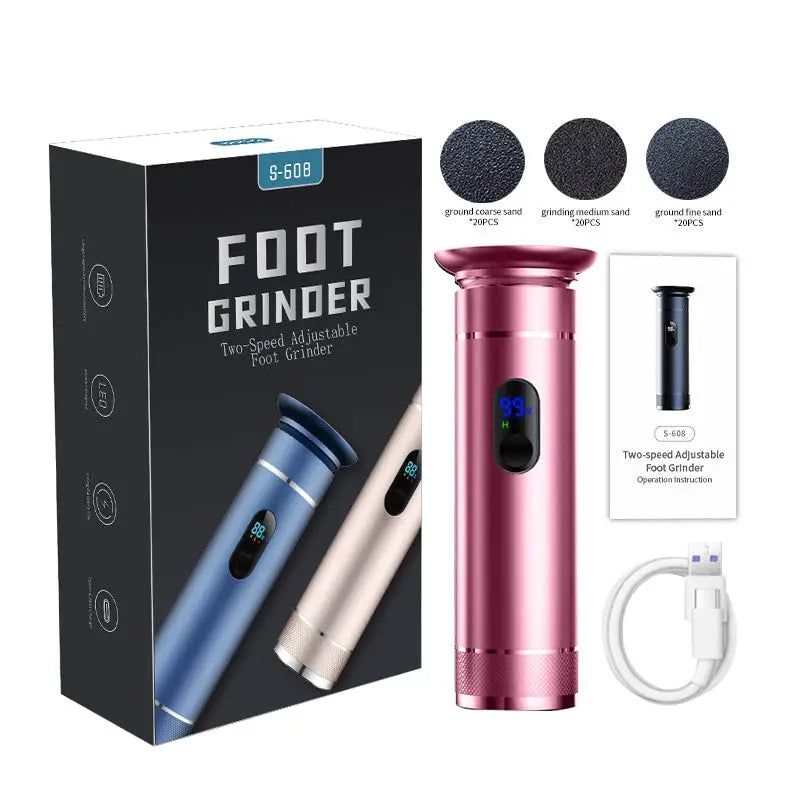 Electric foot grinder set by Simples Market; aluminum alloy dual-power (Type-C/Battery) unit in blue, champagne, and pink.