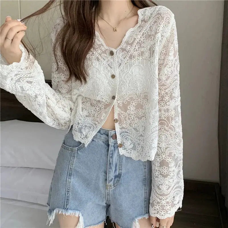 White lace blouse for women by Simples Market, sheer long-sleeve floral top with button front