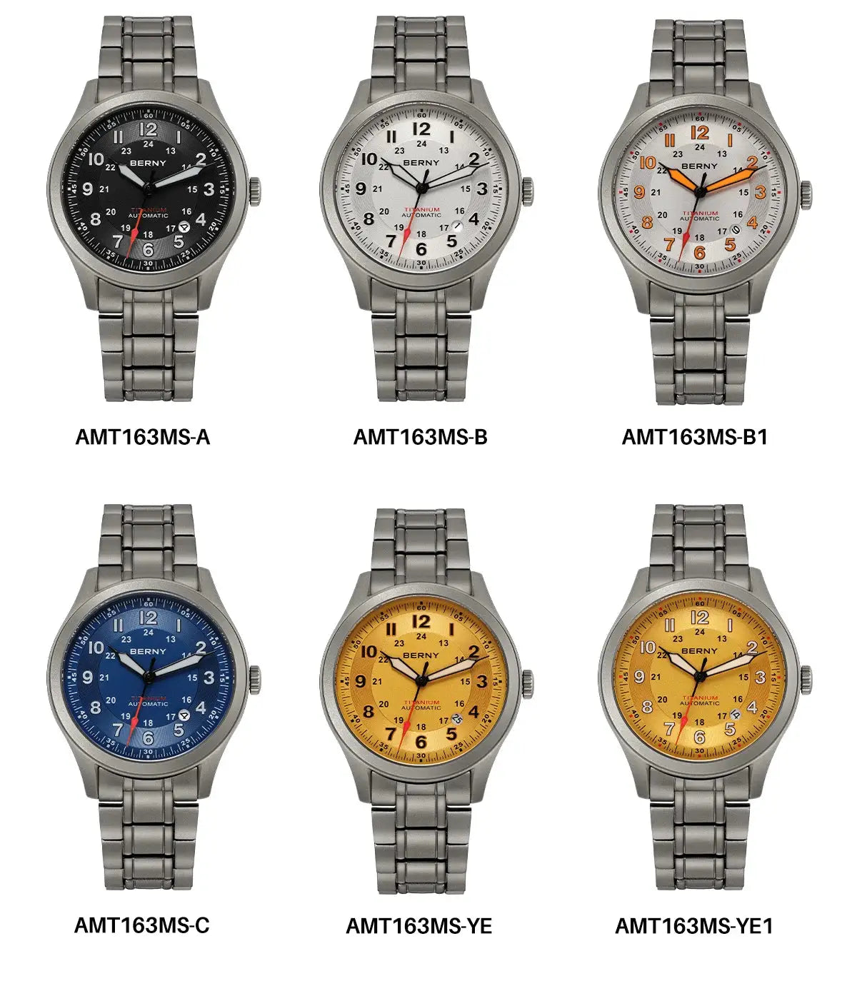 BERNY automatic titanium men's watches with 9 dial colors on titanium bracelets