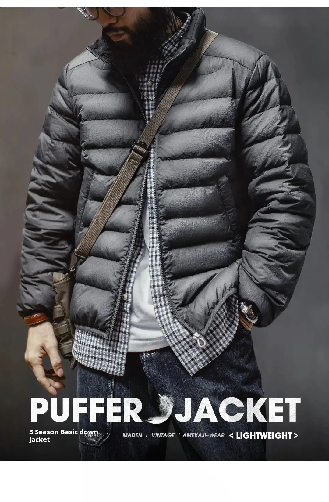 Men's Maden Winter stand collar down jacket, dark gray, lightweight with white duck down filling, Simples Market