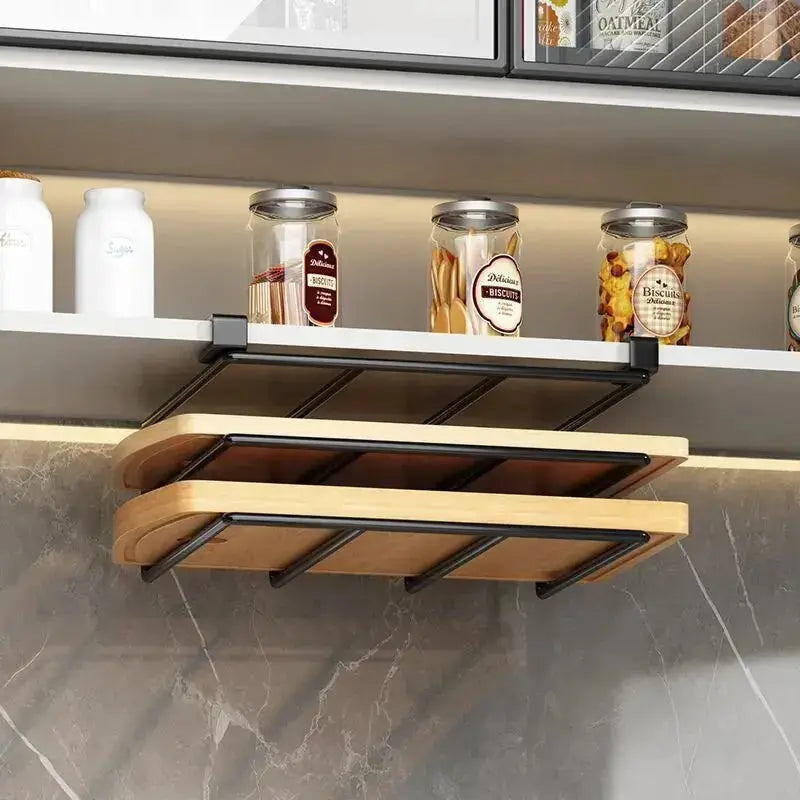 KitchenZen Under Cabinet Hanging Organizer Rack For Kitchen Storage Ideal For Cutting Boards Paper Towels Rags And More