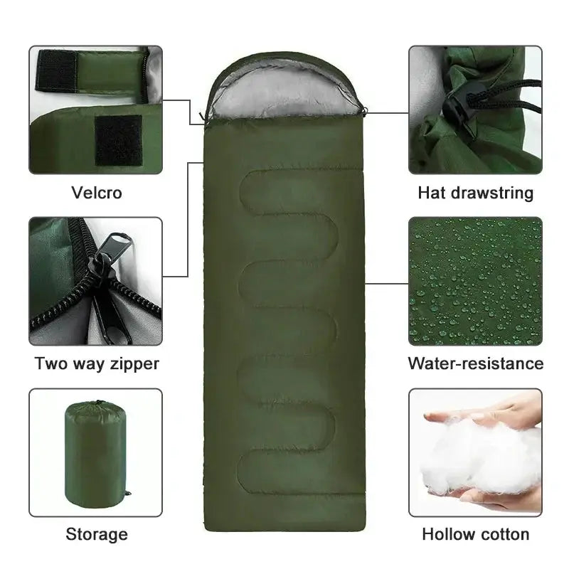 Simples Market camping sleeping bag ultralight green 4-season waterproof envelope with two-way zipper and drawstring