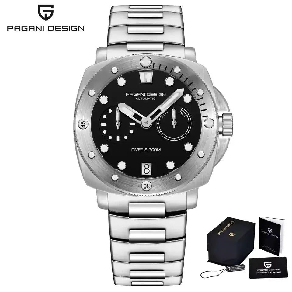 Pagani Design men's automatic diver watch with black dial and steel bracelet, 200m water resistant.