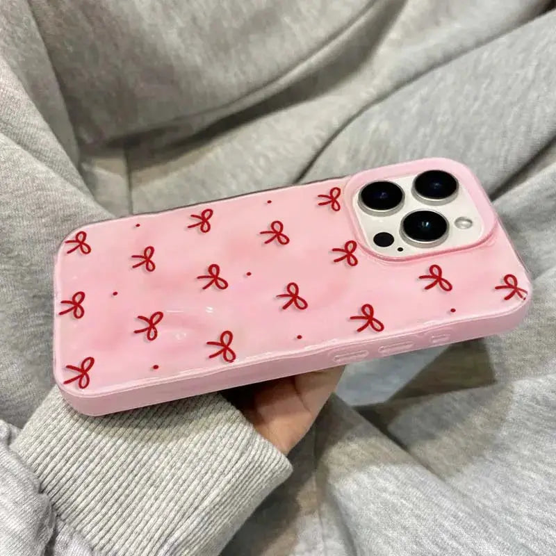 Red Bow Dots Folds Texture Case For iPhone 11 To 16 Pro Max Plus Shockproof Soft TPU Cover