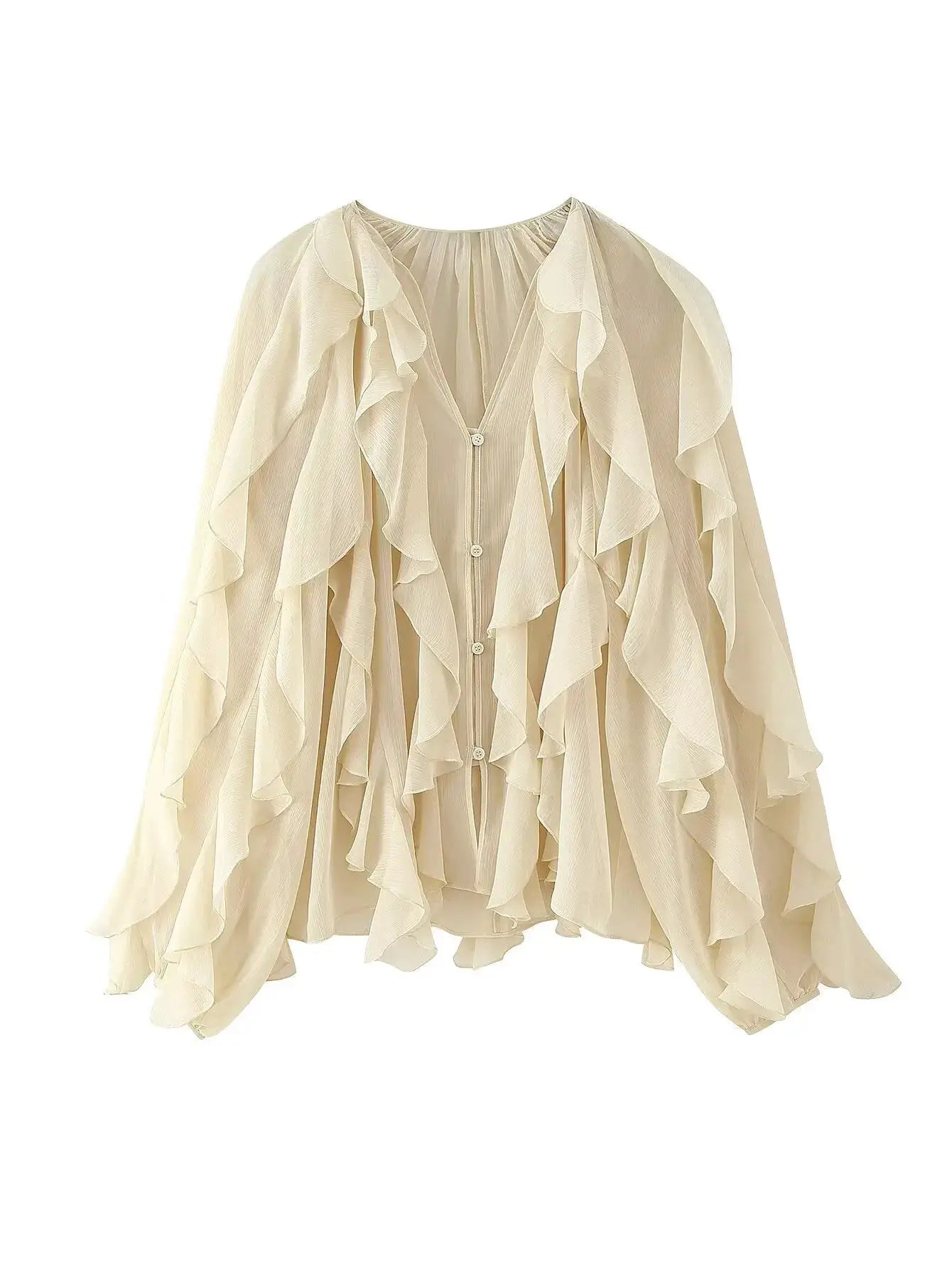 YENKYE women's semi-sheer ruffle blouse with long sleeves, cream color and front button placket
