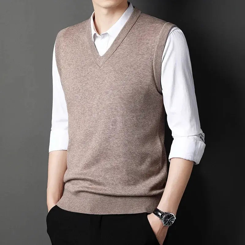Men's beige V-neck knitted vest from Simples Market over a white shirt