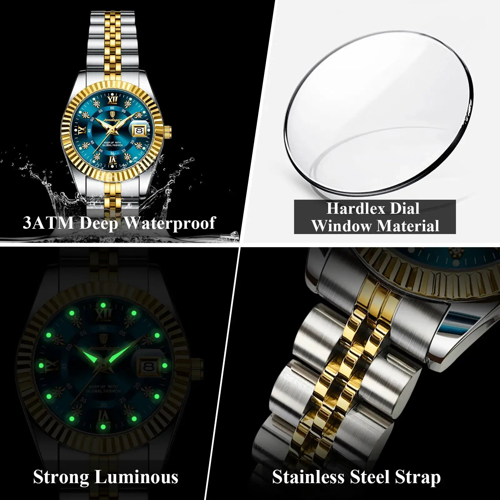 POEDAGAR women's luxury watch with blue dial and two-tone stainless steel band, 3ATM waterproof.