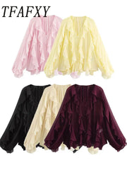 Women's ruffled chiffon blouse with V-neck and long bishop sleeves, available in 5 colors, by Simples Market
