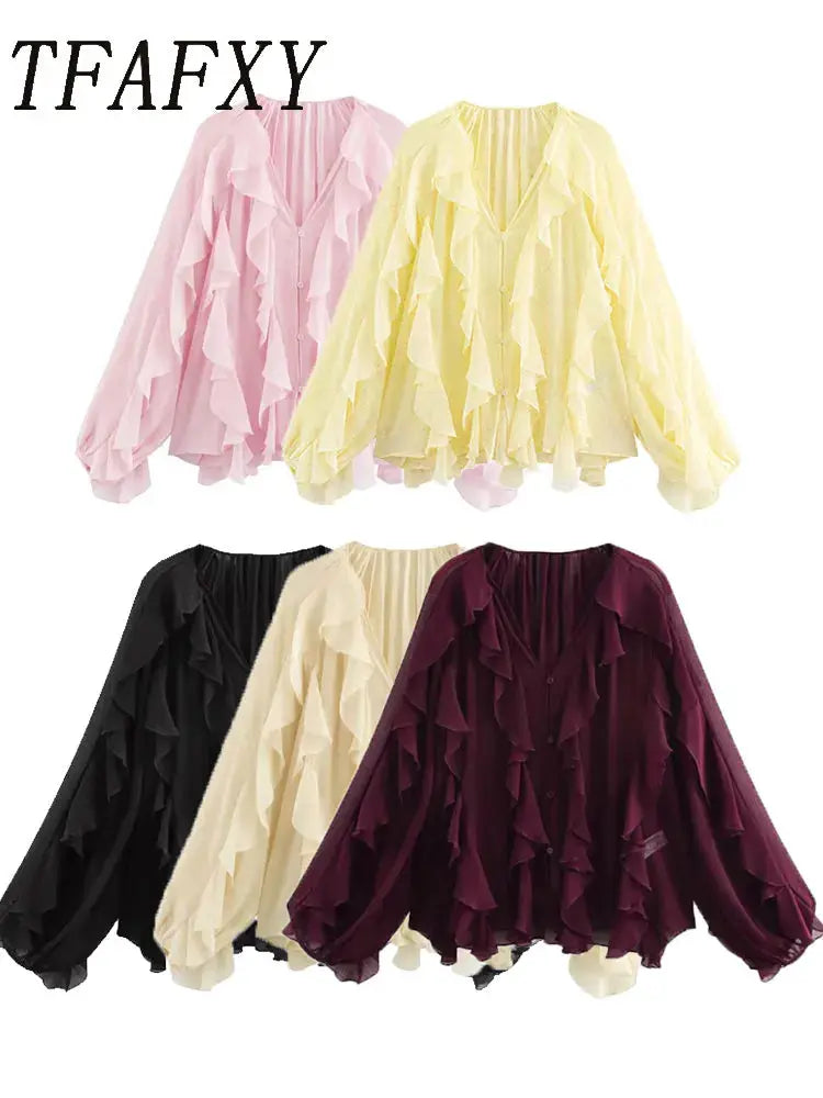 Women's ruffled chiffon blouse with V-neck and long bishop sleeves, available in 5 colors, by Simples Market