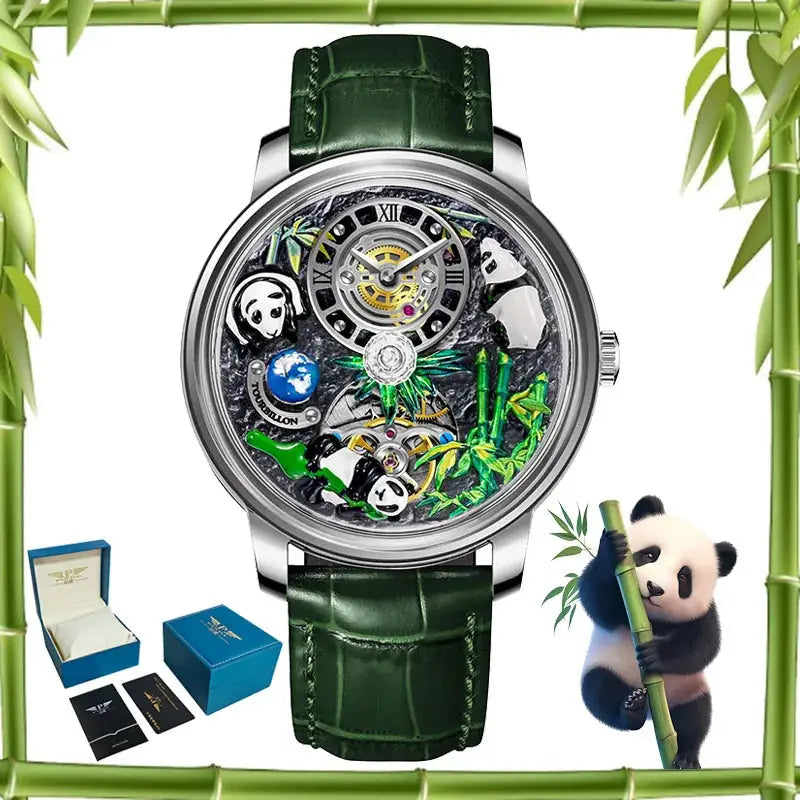 Panda Series men's mechanical watch by Simples Market, green leather strap, 45.5mm case, panda motif skeleton dial with exposed gears
