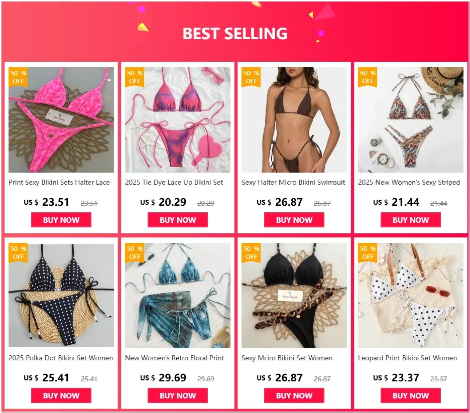 Bikini sets from Simples Market: eight halter lace-up tops with thong bottoms in assorted prints