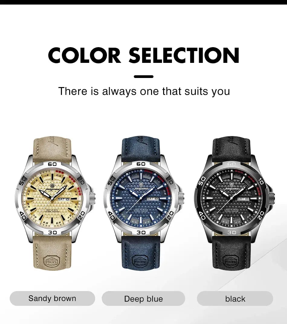 PAAZOMU men's watches, three stainless steel timepieces with leather straps in sandy brown, deep blue, and black.