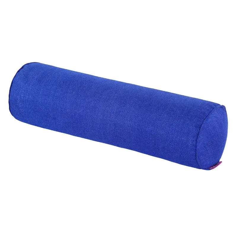 Cylindrical blue bolster pillow, cotton-linen fabric for sofa lumbar support.