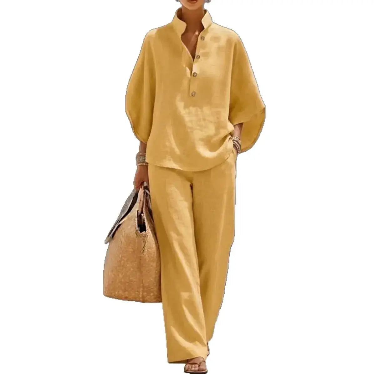 Cotton Linen Pant Set Women Stand Collar Button Top Wide Leg Trousers