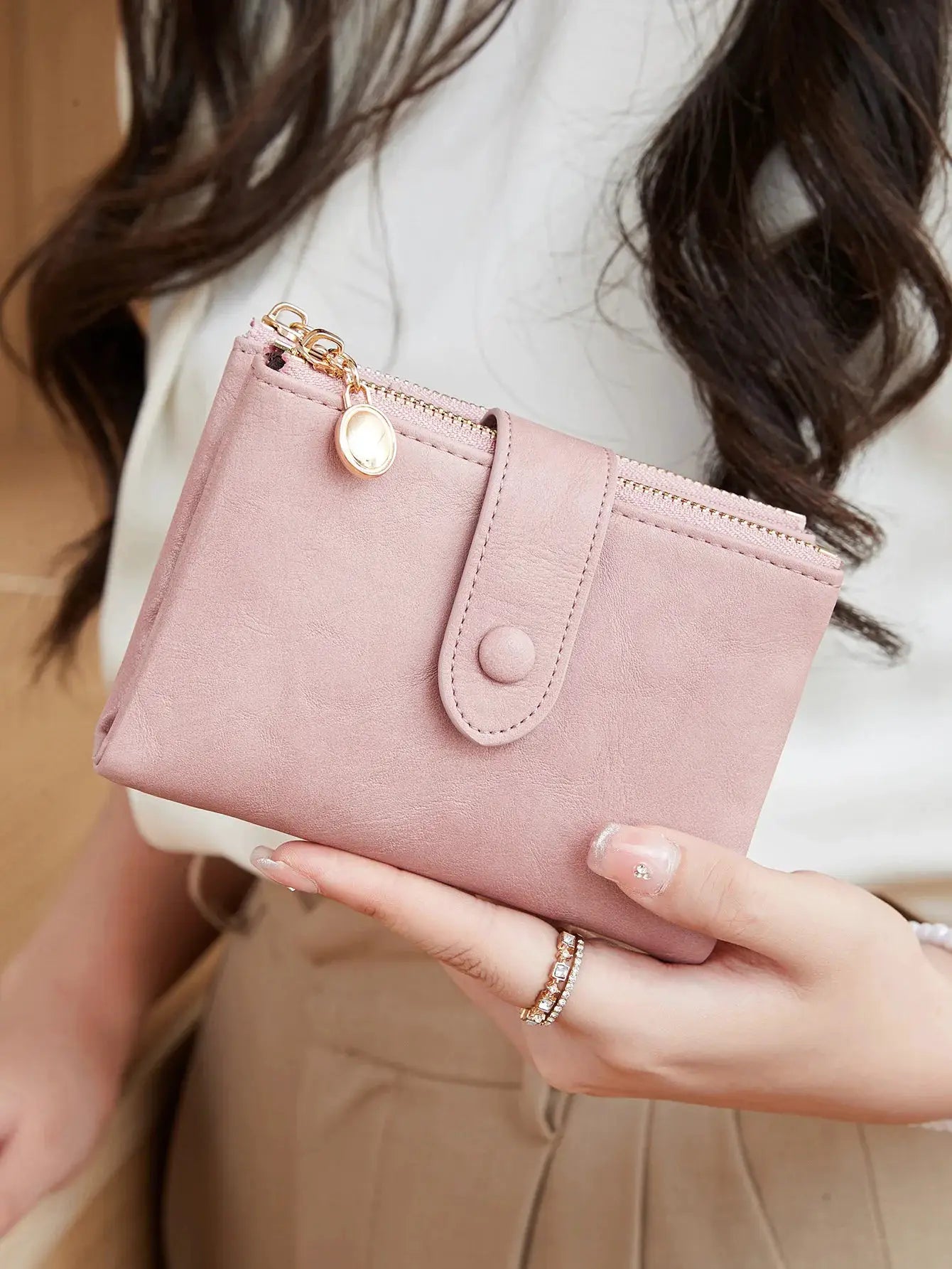 Wallet pink Simples Market minimalist women's wallet with three-layer design and double gold zipper pulls