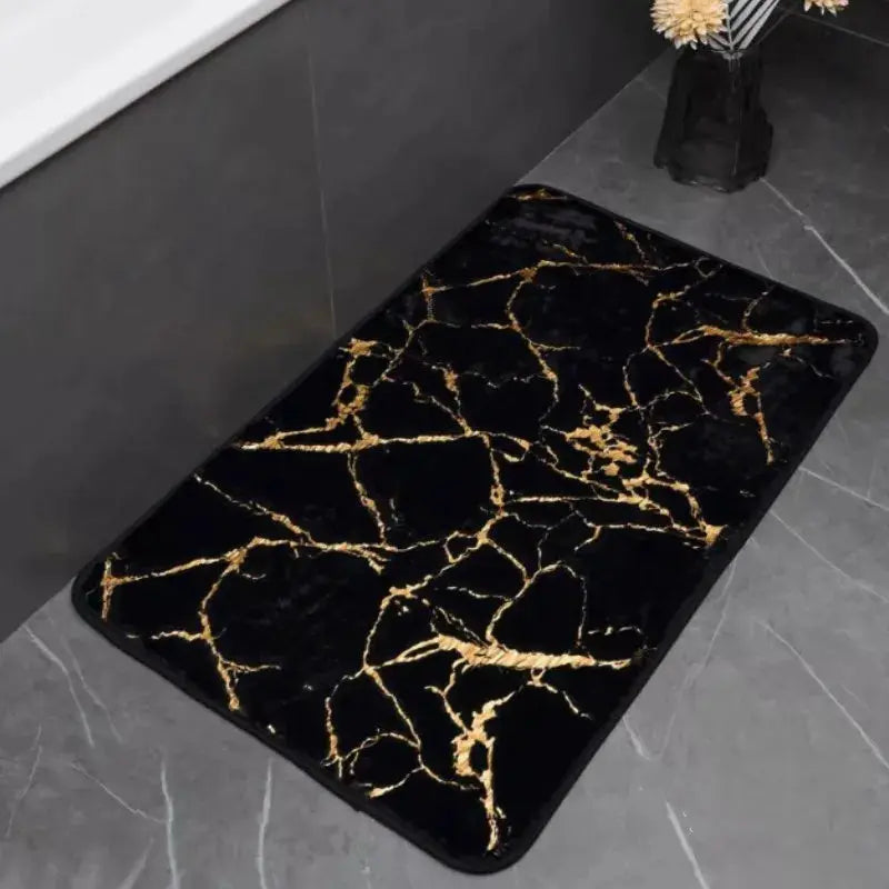 MarbleLux Marble Bathroom Rug Nonslip Black Gold With Soft Faux Rabbit Fur Surface And Eco Friendly Backing
