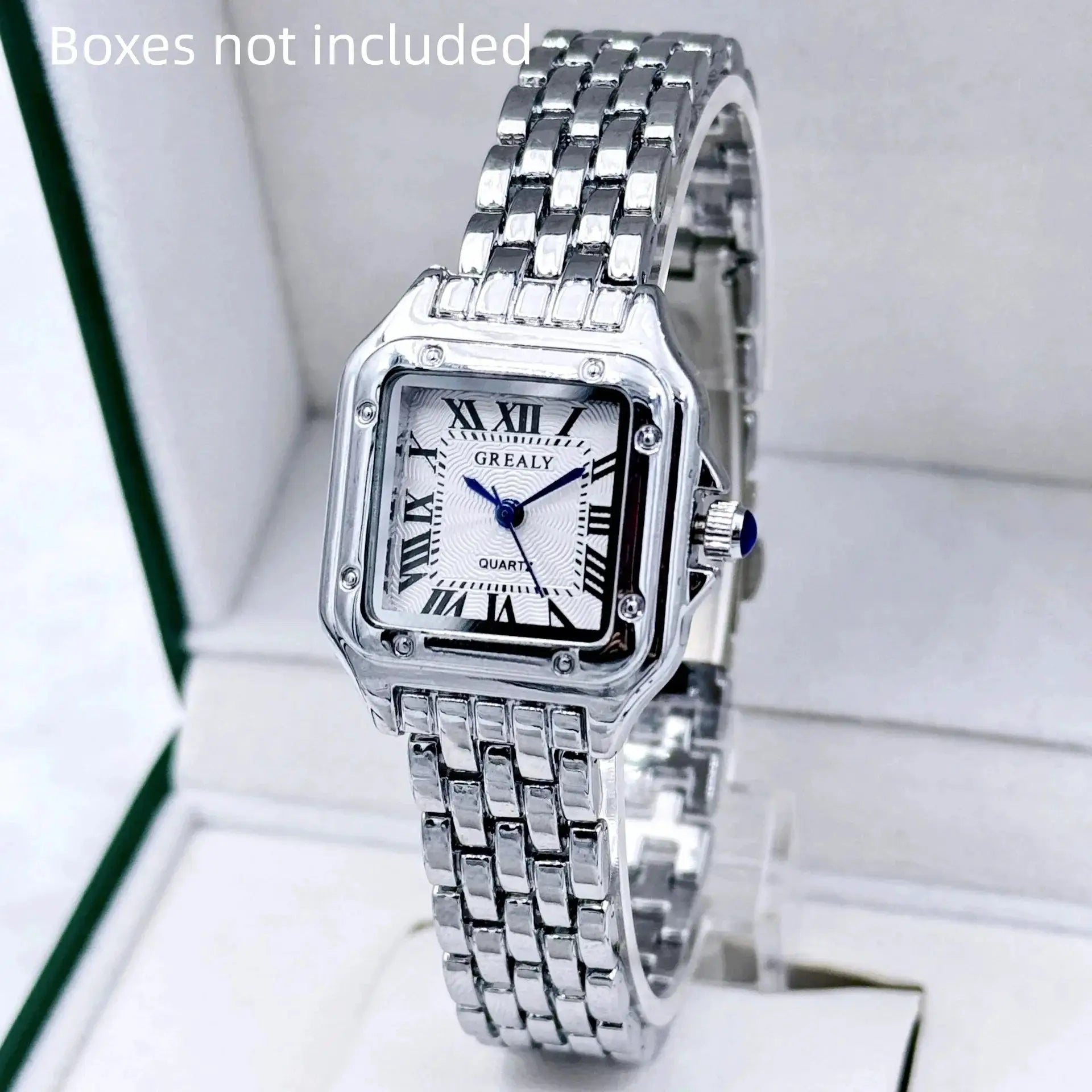 Women's GREALY silver stainless steel rectangular wristwatch with Roman numerals and linked bracelet