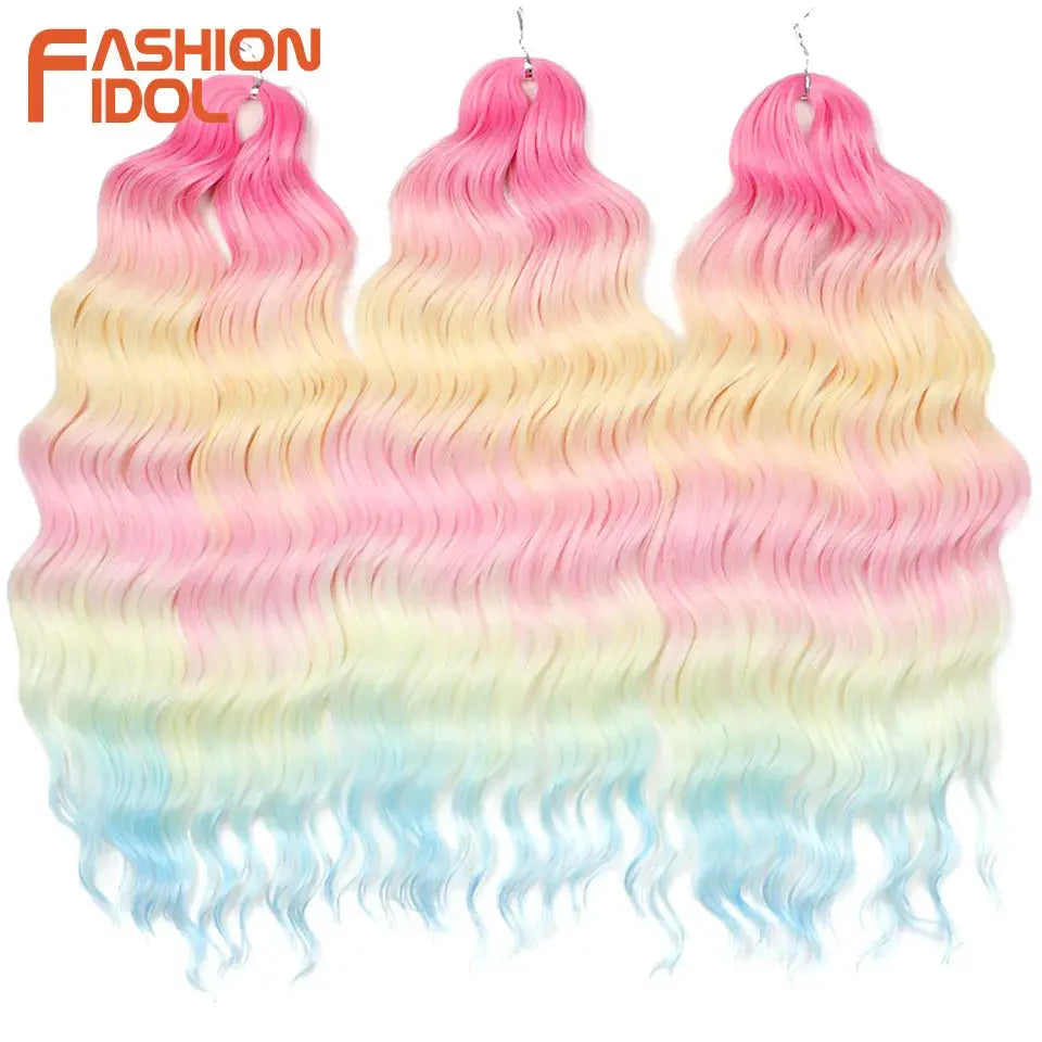 Anna Hair synthetic loose deep‑wave braiding extensions, 24in, ombre pink to blonde to blue, 3 bundles
