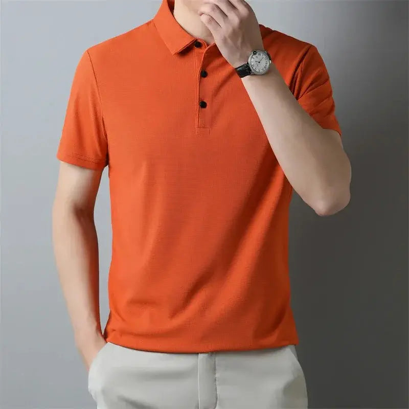 Men's orange polo shirt with classic collar and short sleeves; breathable, versatile for casual or office wear.