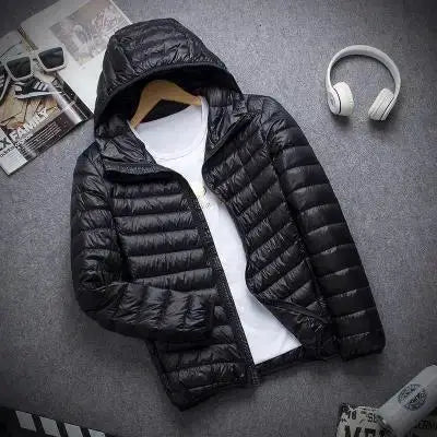 Men's black hooded down puffer jacket by Simples Market - lightweight slim fit