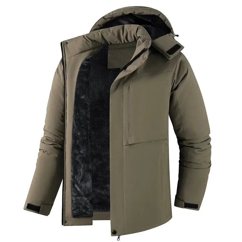 Winter men's warm waterproof hooded parka in olive green with black fleece lining