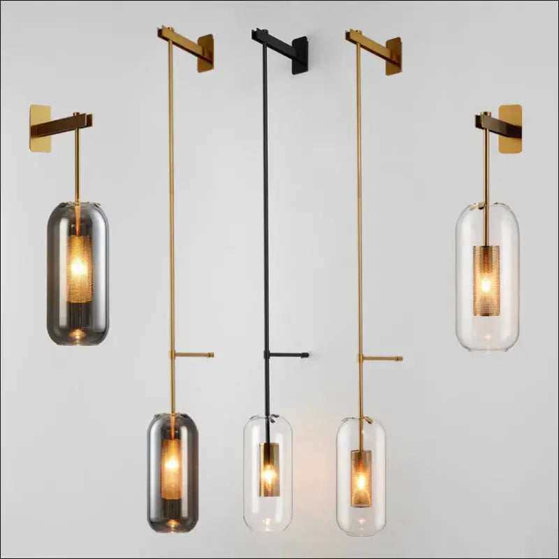 Modern glass wall light sconce set of 5 in gold and black finishes with clear and smoky glass shades by Simples Market