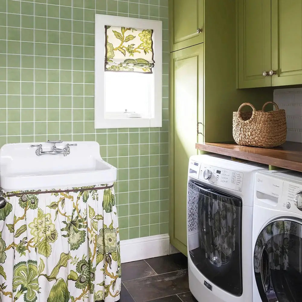 3D decorative tile wall stickers by Simples Market, self-adhesive and water resistant, 30x30cm, shown in a laundry room.