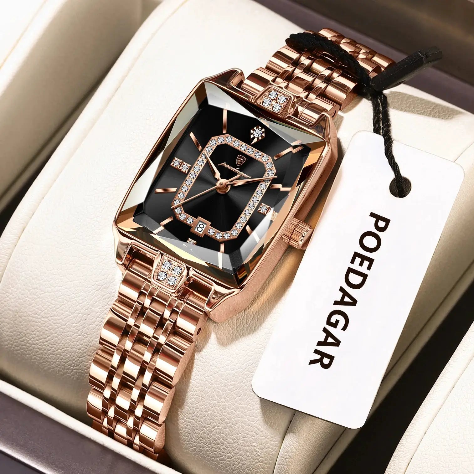 POEDAGAR rose gold stainless steel women's watch with date window and crystal-bezel on black dial