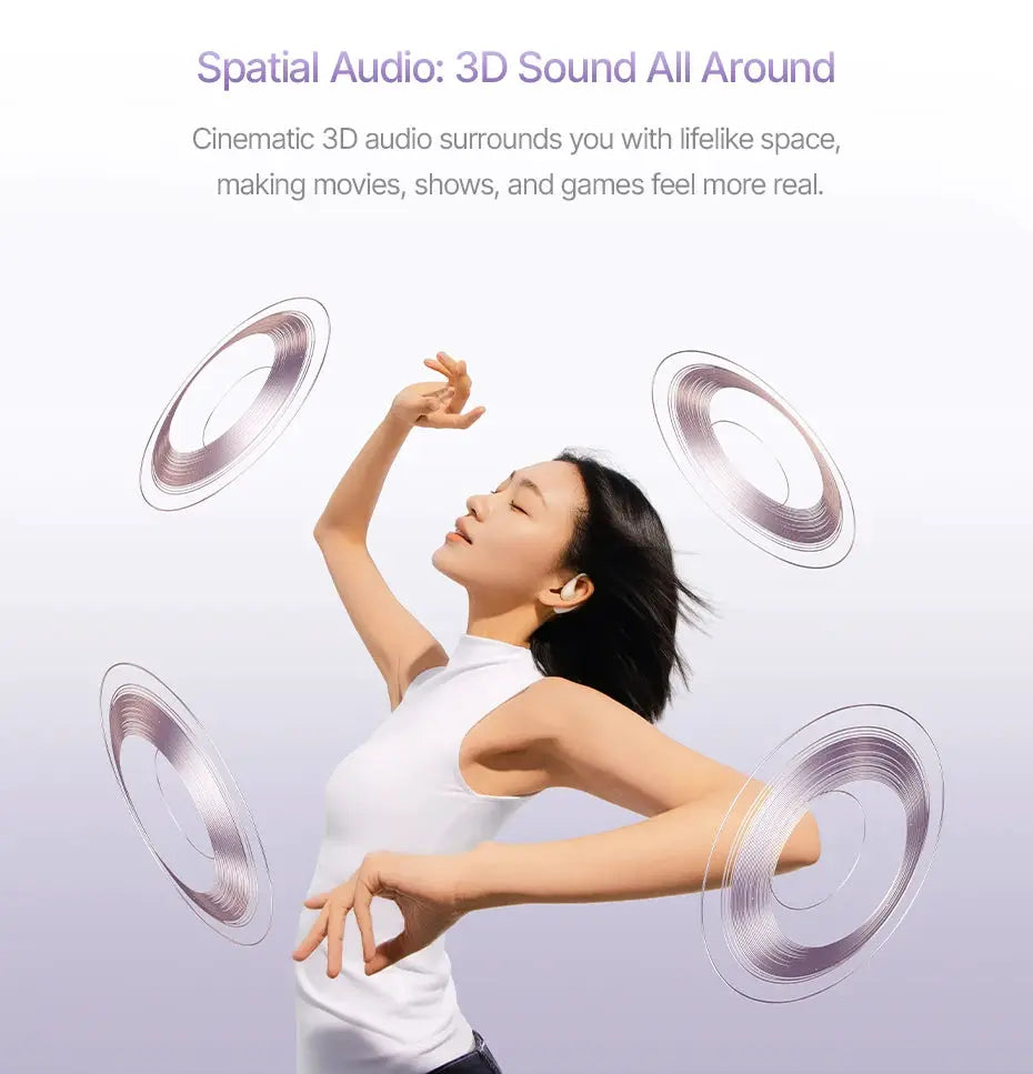 Baseus BF1 Lite open-ear wireless earphones banner by Simples Market highlighting 3D spatial audio