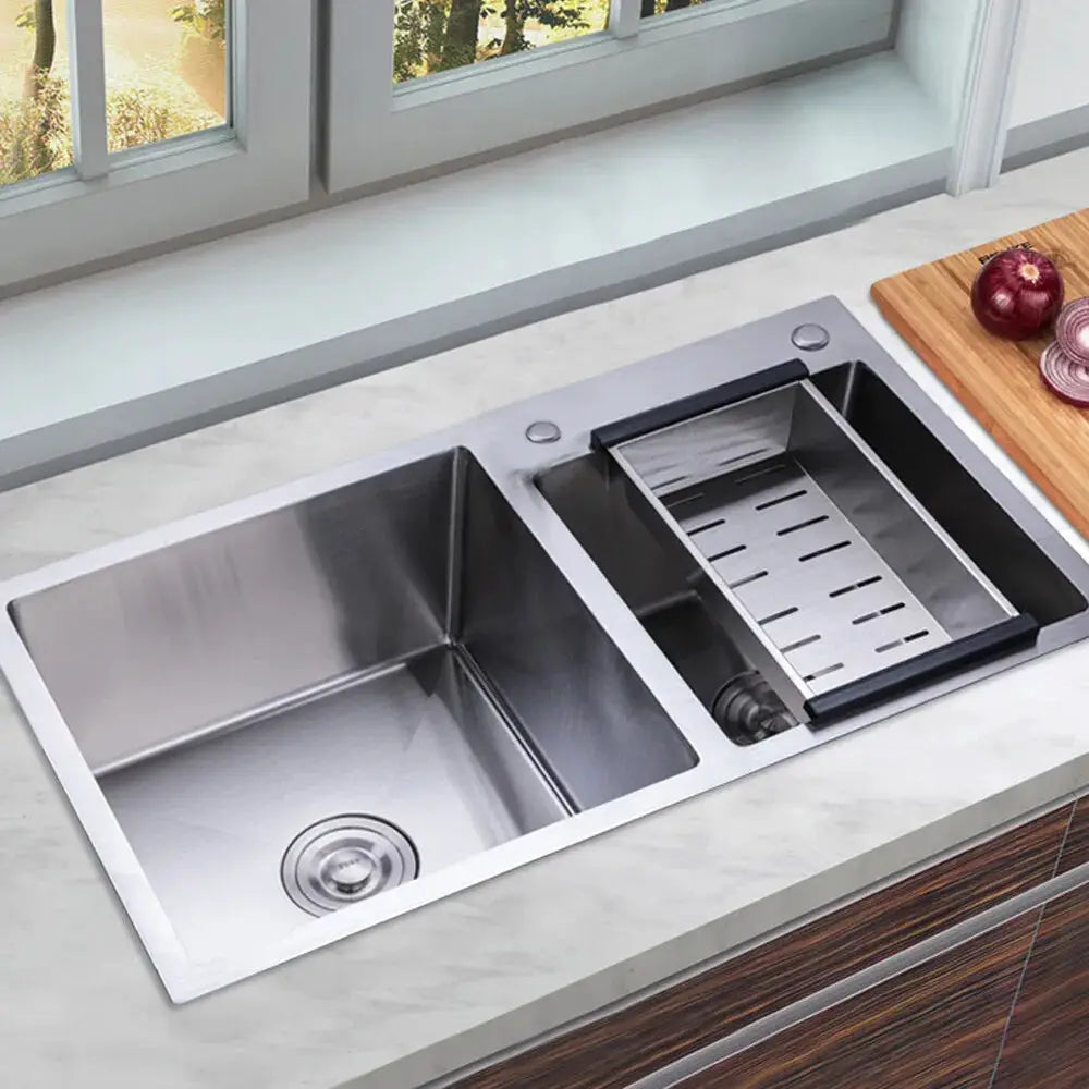 Stainless steel double-bowl drop-in kitchen sink with built-in draining rack