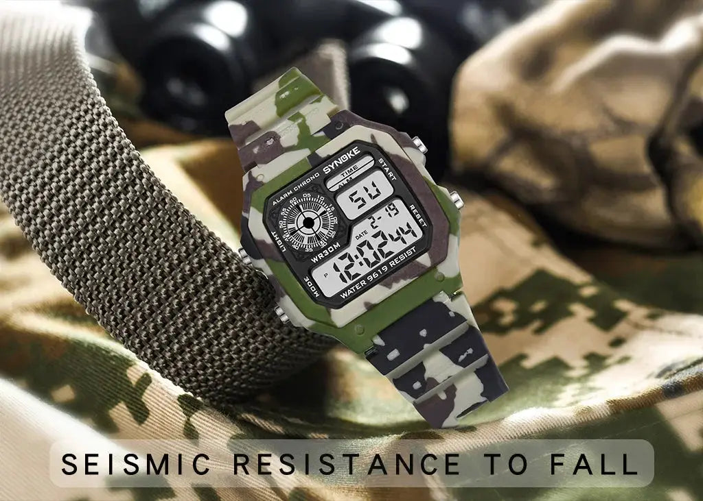 SYNOKE outdoor military digital watch with camo strap, rugged case, waterproof and luminous display