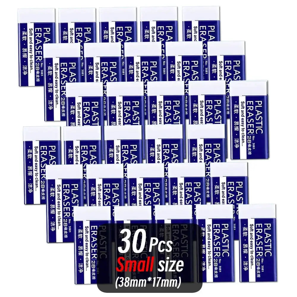 Plastic erasers, 30 pcs blue, small size 38mm x 17mm, clean and mess-free correction supplies